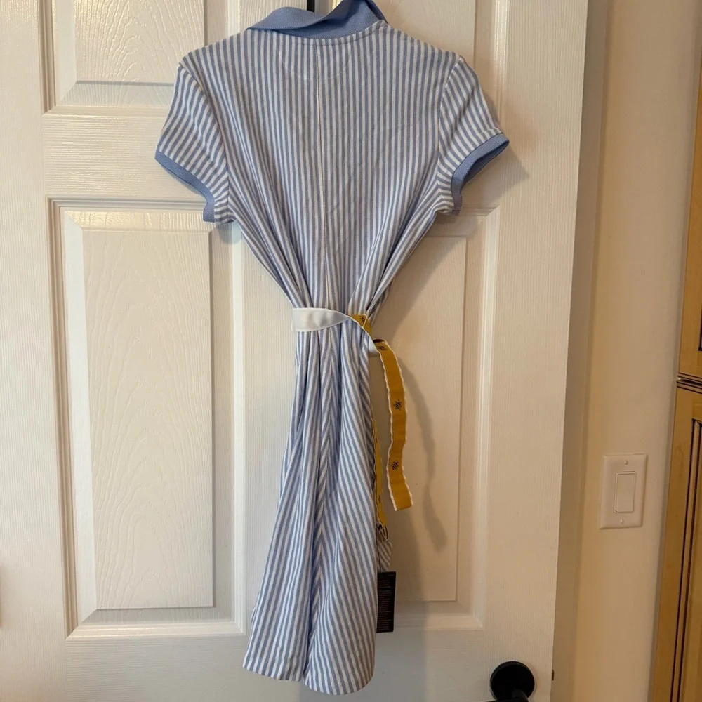 Ralph Lauren Blue and White Striped Polo Shirt Dress with Yellow Belt